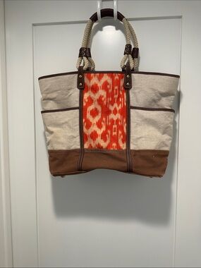 Canvas Tote with Vibrant Orange Ikat Panel and Brown Trim
